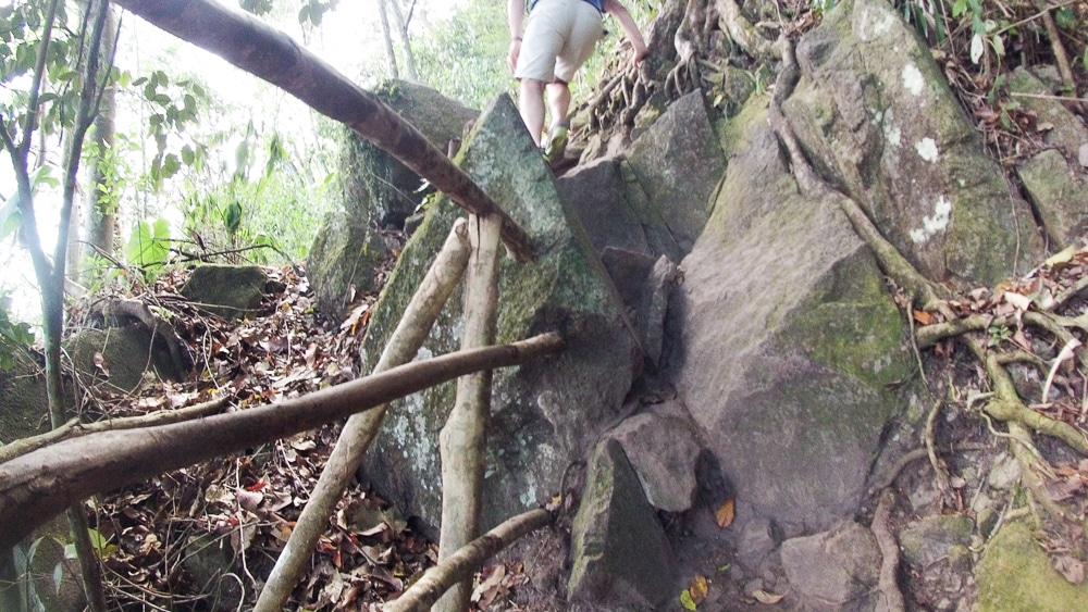 All of a sudden you ca come across obstacles like this one on the climb to the top of Gros Piton