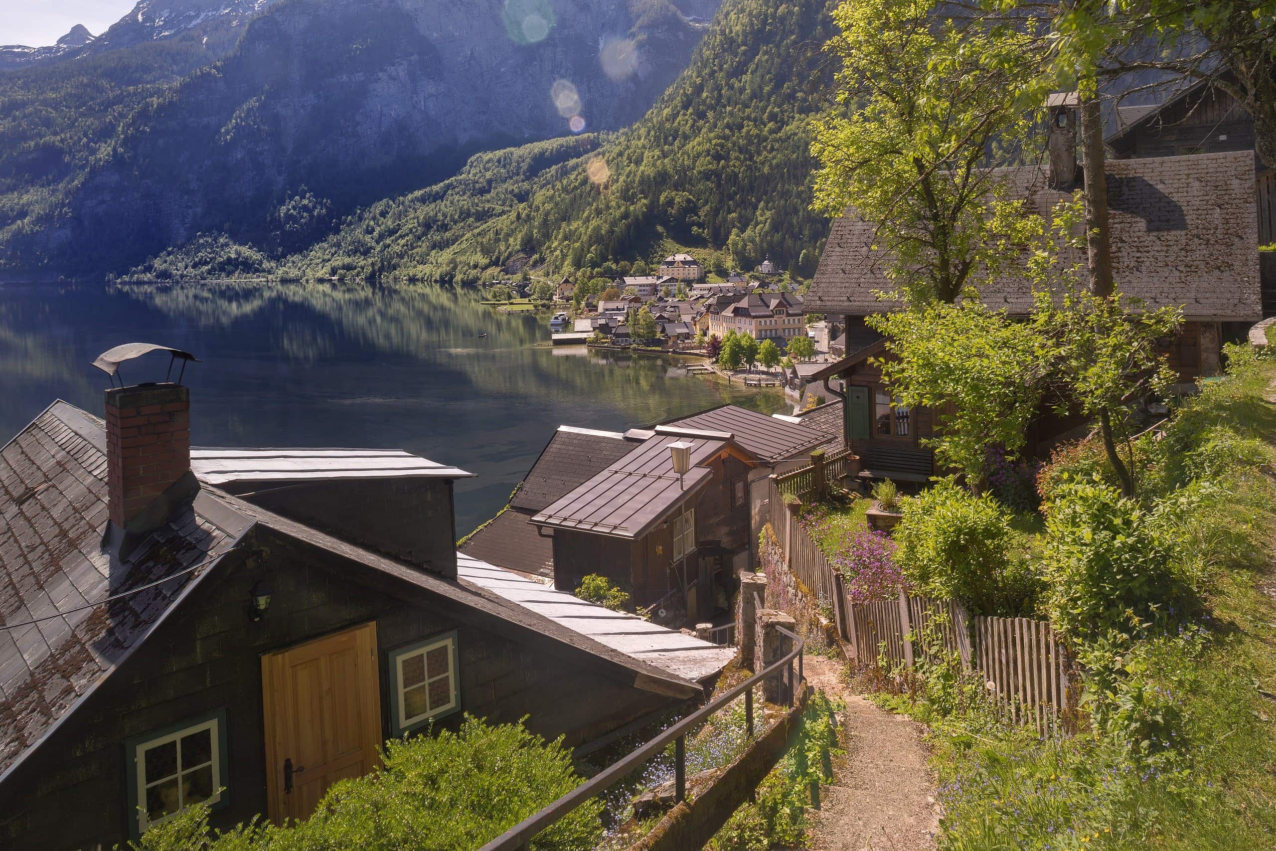 Looking down the narrow path towards the Town of Hallstatt from half way up the Hill.