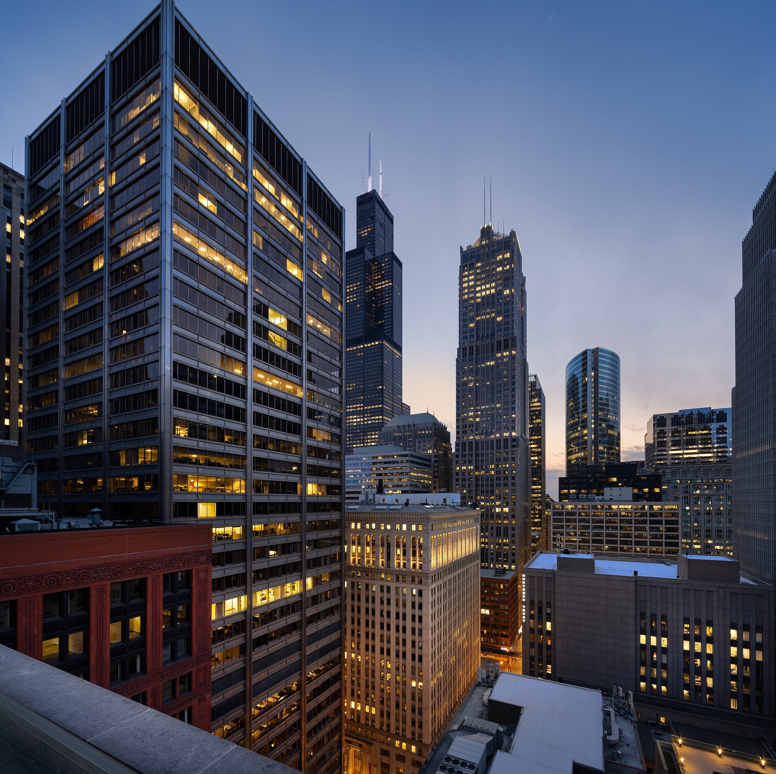 The skyline of Chicago as seen from the rooftop of 100 W. Monroe Street Chicago