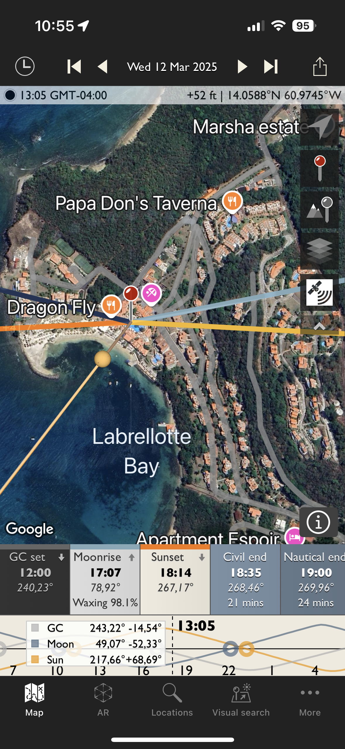 Satellite view from The Photographer’s Ephemeris showing sun angles over Labrelotte Bay in St. Lucia.
