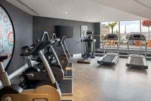 Fitness center at Le Méridien Étoile with view of the Eiffel Tower.