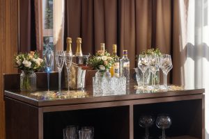 Champagne bottles and glassware arranged for event at Sheraton Grand Salzburg