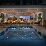 Hotel exterior prepared for a professional photo shoot at sunrise