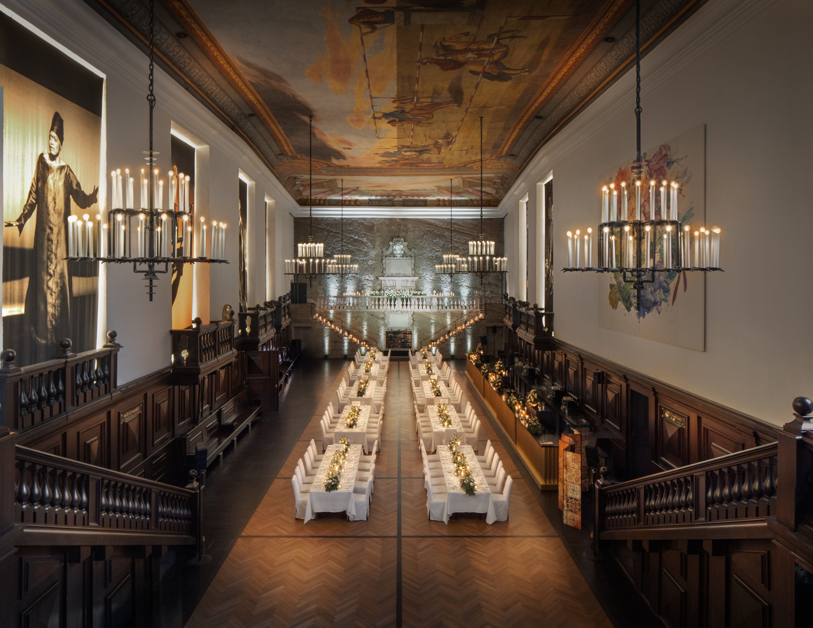 View down the length of the Karl Böhm Saal with chandeliers and banquet layout