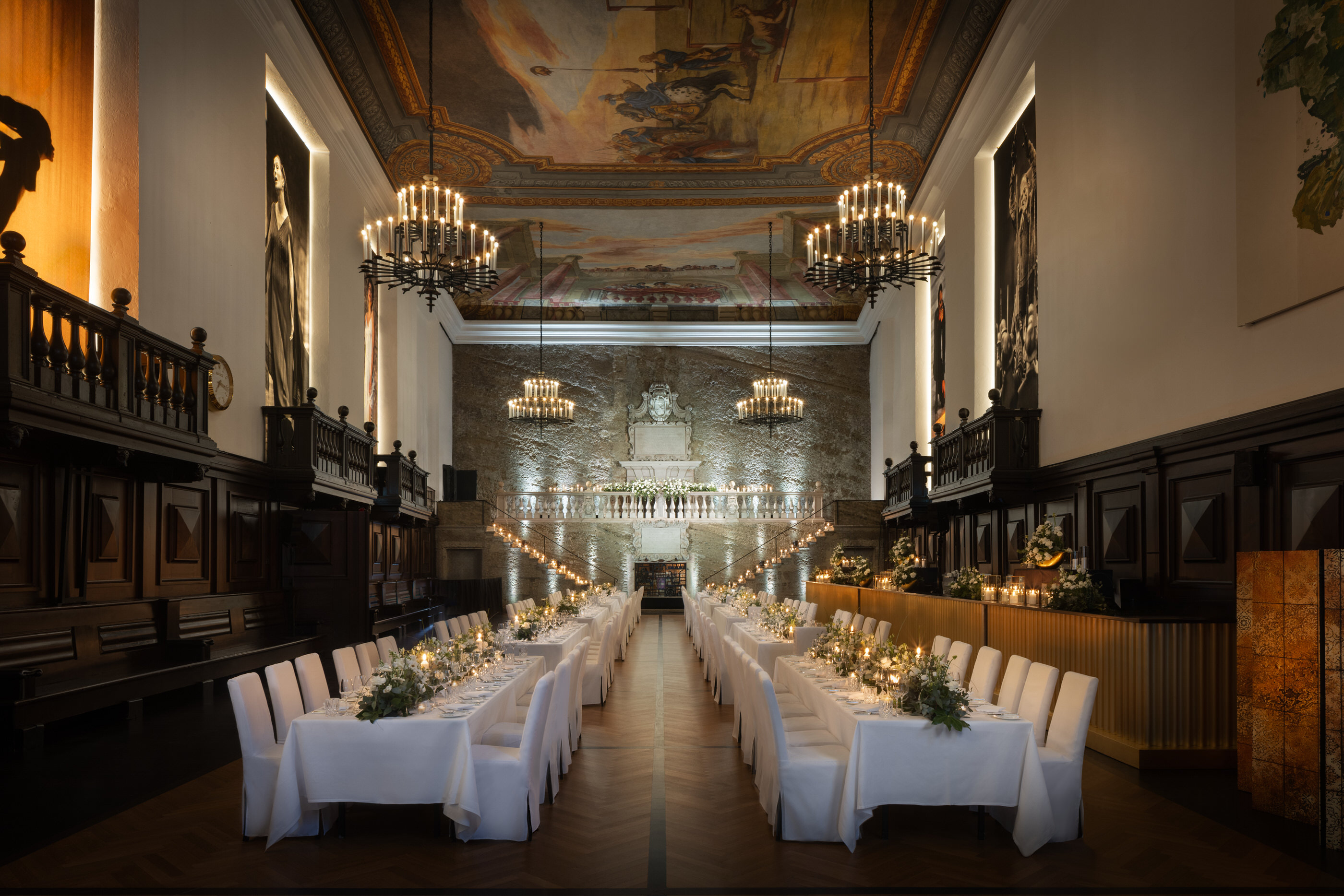 Grand banquet table in Karl Böhm Saal under ornate ceiling and chandeliers. A hard shot to get when time is tight'