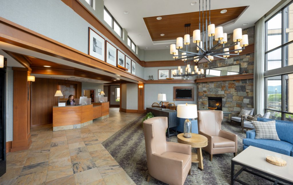Modern lobby interior at Holiday Inn Lake George resort