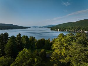 Holiday Inn Lake George photography – aerial pool and lake view