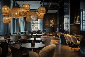 Luxury hotel restaurant interior with wicker pendant lighting, Cloud One New York