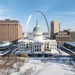 Gateway Arch St Louis in winter snow, Missouri USA