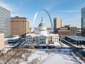 Gateway Arch St Louis in winter snow, Missouri USA
