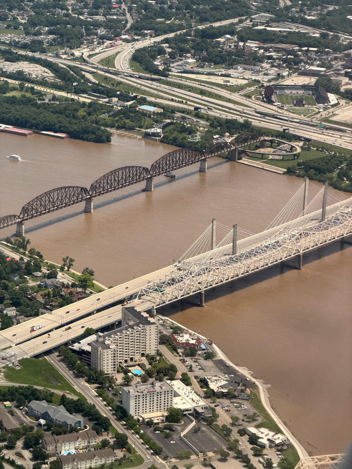 Aerial view of bridges over the Ohio River beside Louisville