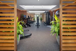 New MB Hotel Miami Beach gym with timber screens, plants, cardio machines and strength equipment